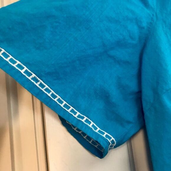 Liz & Me Blue V-neck Lace-up Embroidered Beads Short Sleeve Blouse 2X (22/24 W) - Picture 6 of 16